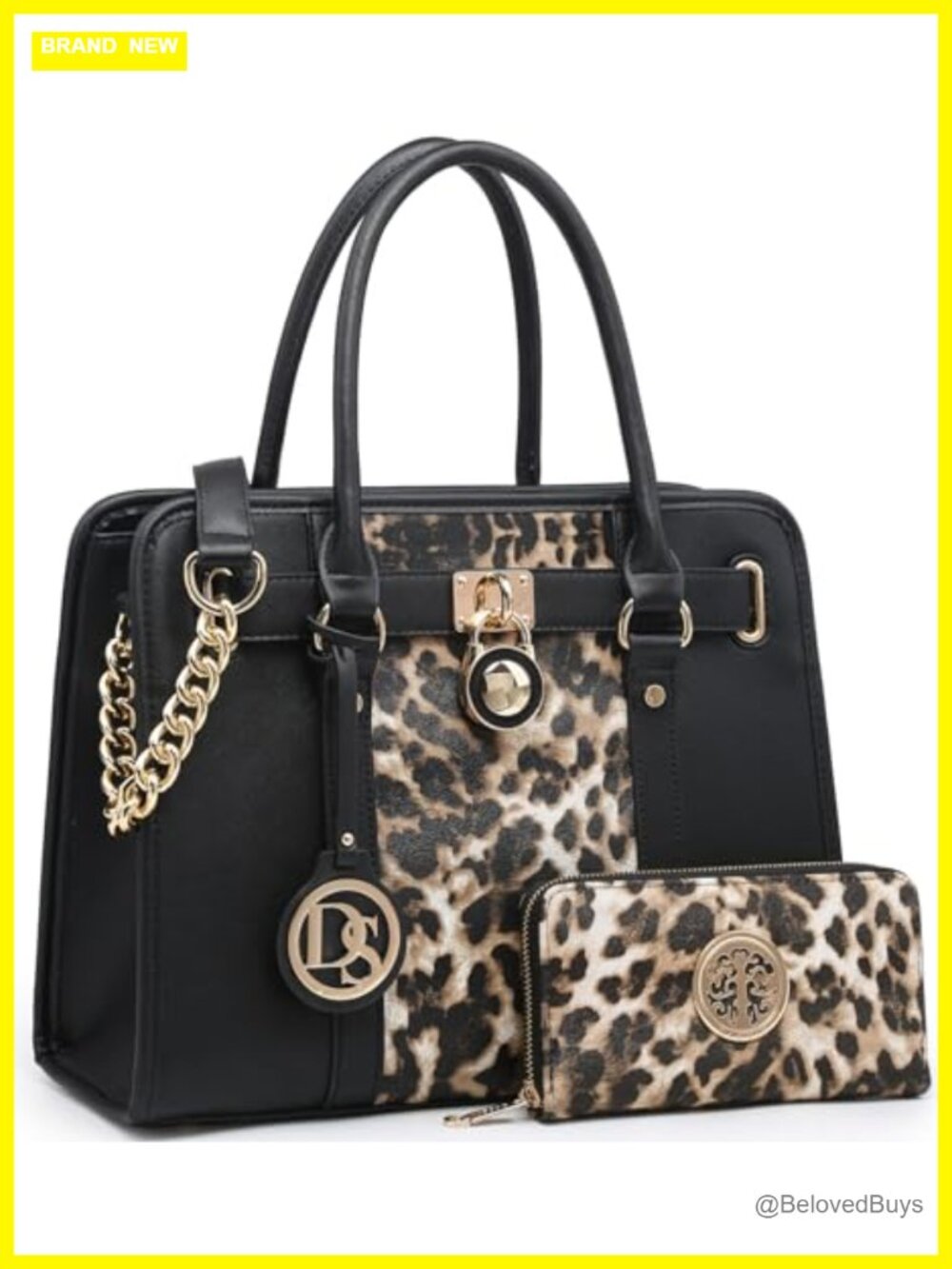 Vegan Leather Satchel Handbag with Matching Wallet and Chain Strap